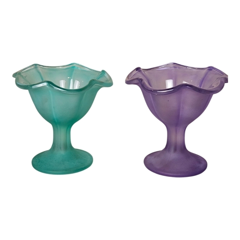 Vtg Multi Coloured Footed Dessert/Parfait Bowls/Icecream Set of 2, Frosted Glass